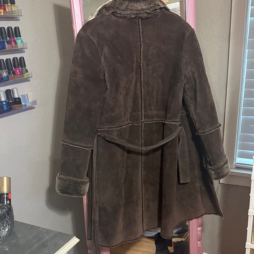 Express Dark Brown Suede Knee Length Coat - Picture 6 of 6